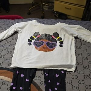 White Long Sleeve Shirt with Graphic and Black Heart Leggings